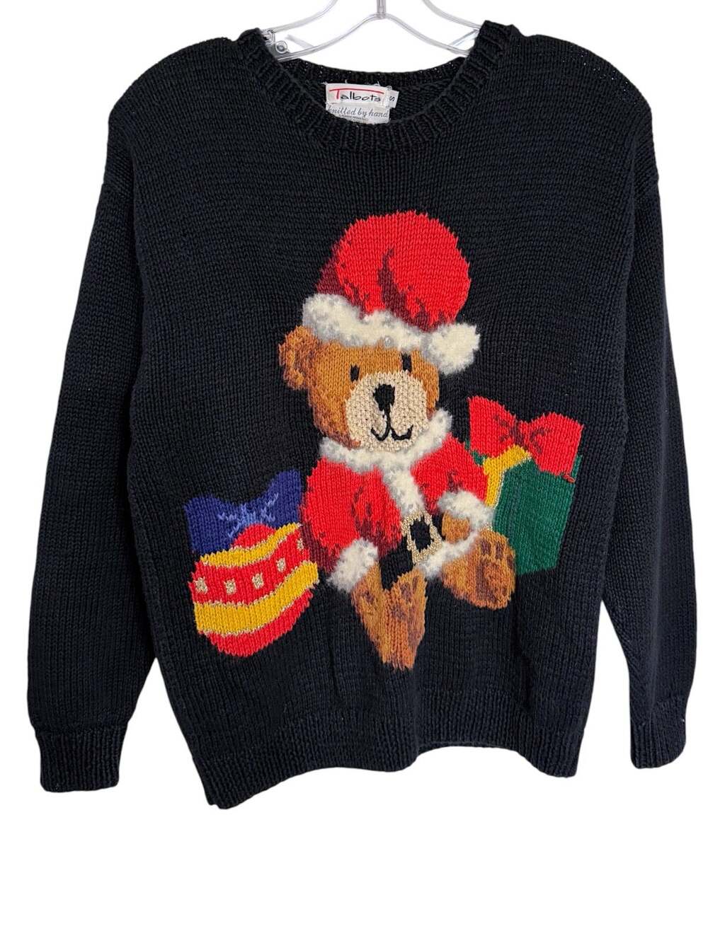 VTG 90s Talbots Hand Knit Christmas Sweater Women’s S Black Teddy Bear Presents